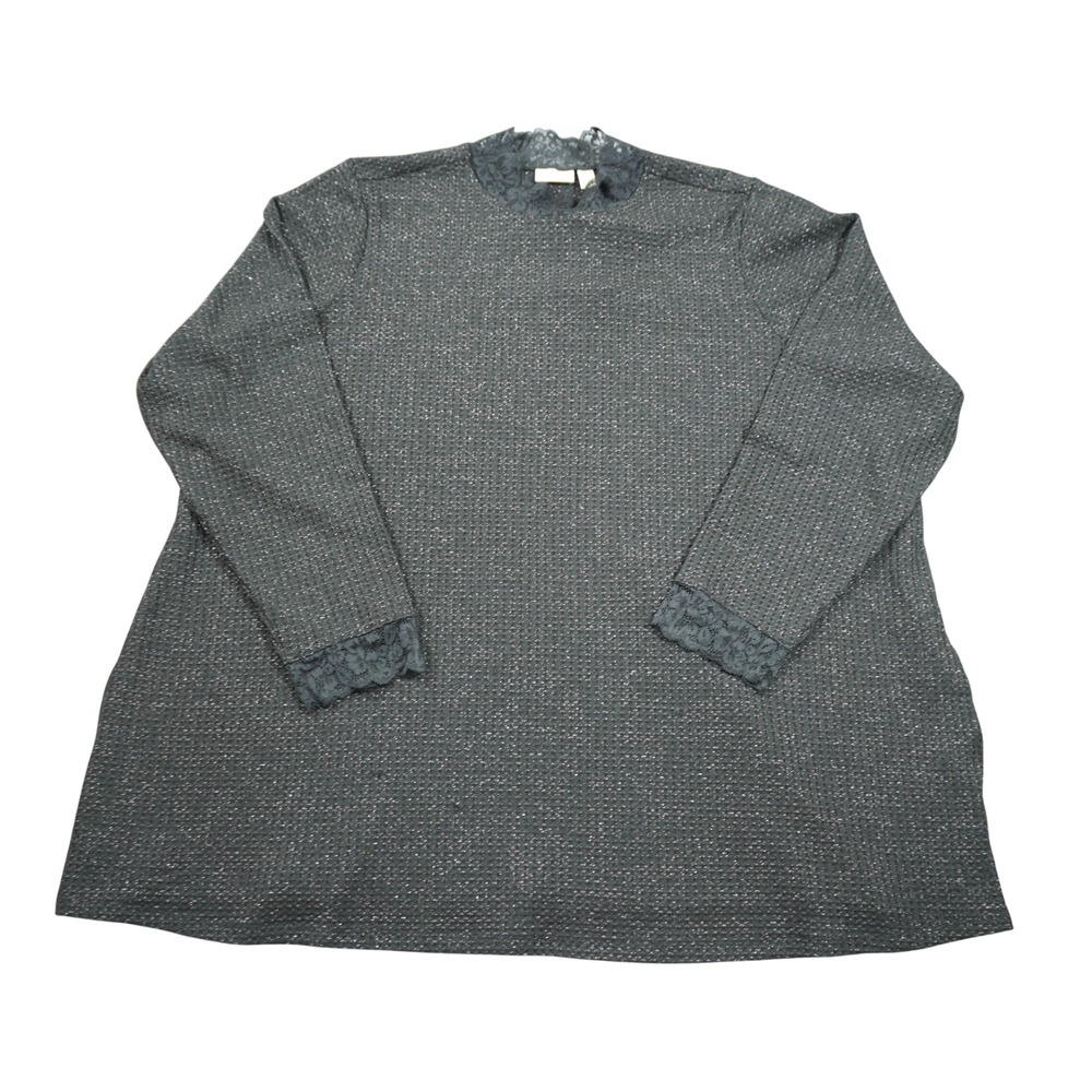 LOGO Lori Goldstein Black Metallic Knit Lace Trim Top 3X Plus Long Sleeve NEW